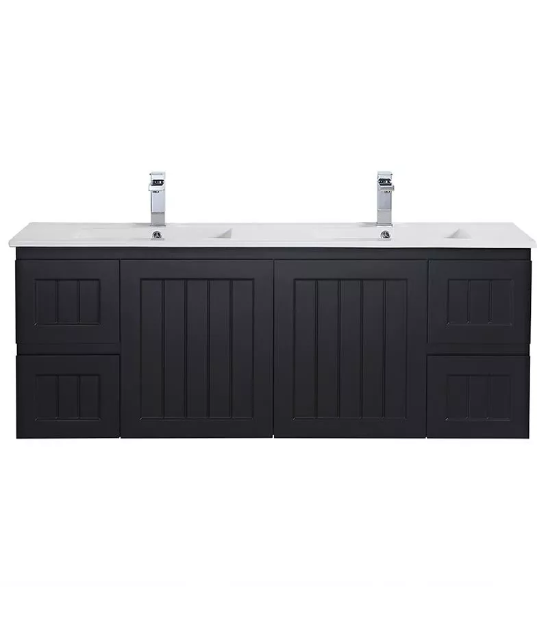 Acacia Shaker Matt Black 1500mm Double Bowls PVC Wall Hung Vanity