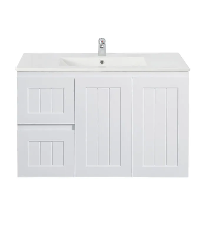 Acacia Shaker 900mm Wall Hung Vanity – Matt White LH Drawers