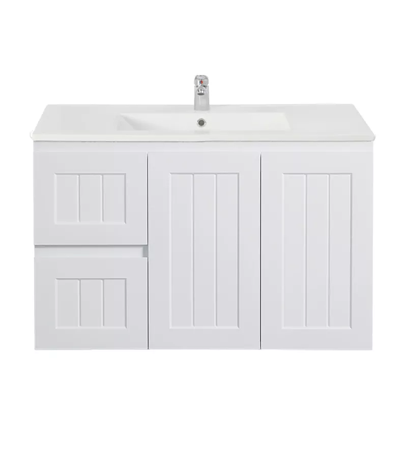 Acacia Shaker 900mm Wall Hung Vanity – Matt White LH Drawers