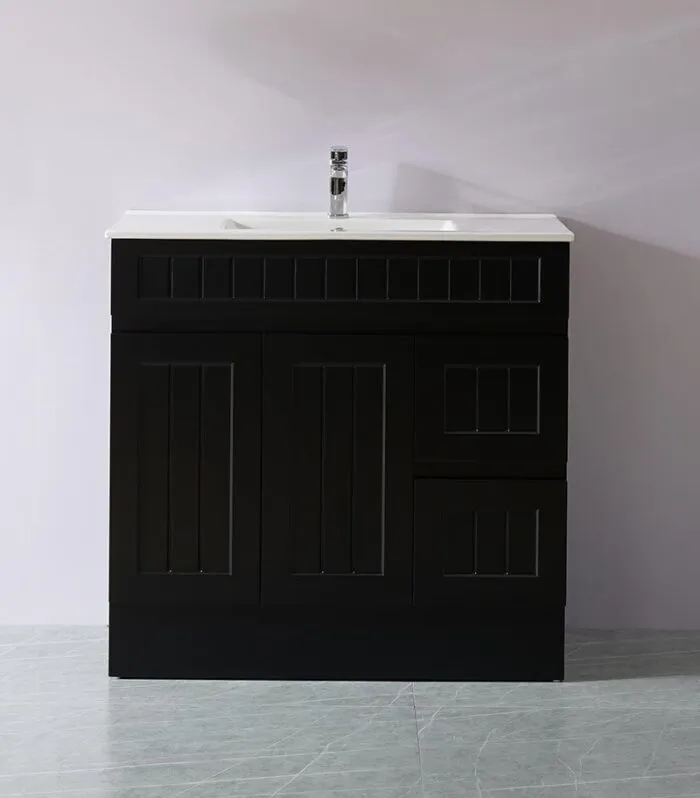 Acacia Shaker Matt Black 900mm PVC Freestanding Vanity RH Drawer Kickboard