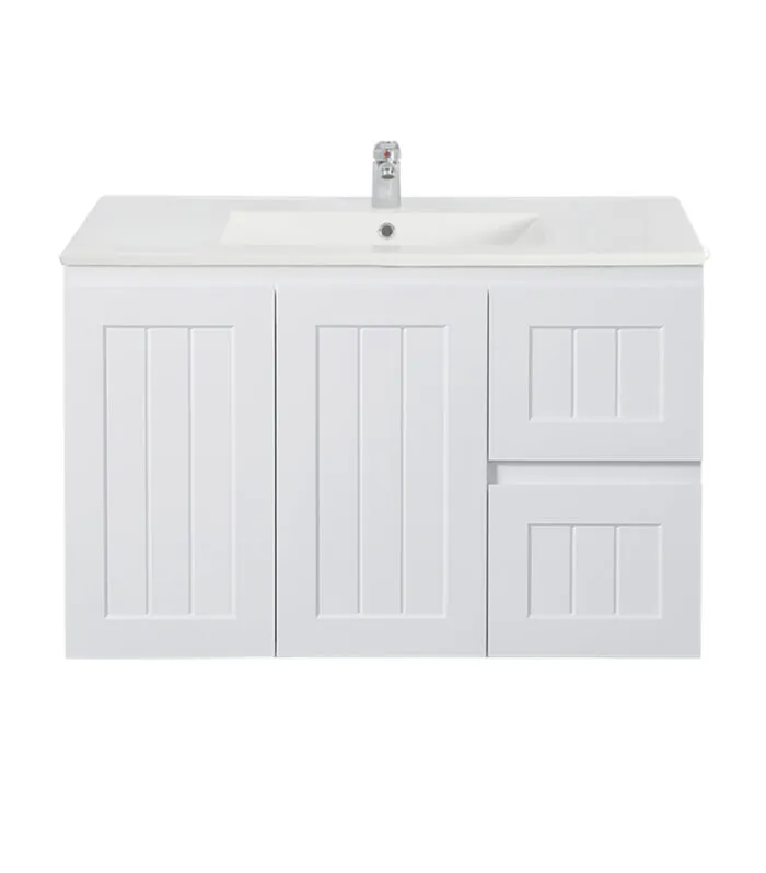 Acacia Shaker 900mm Wall Hung Vanity – Matt White RH Drawers