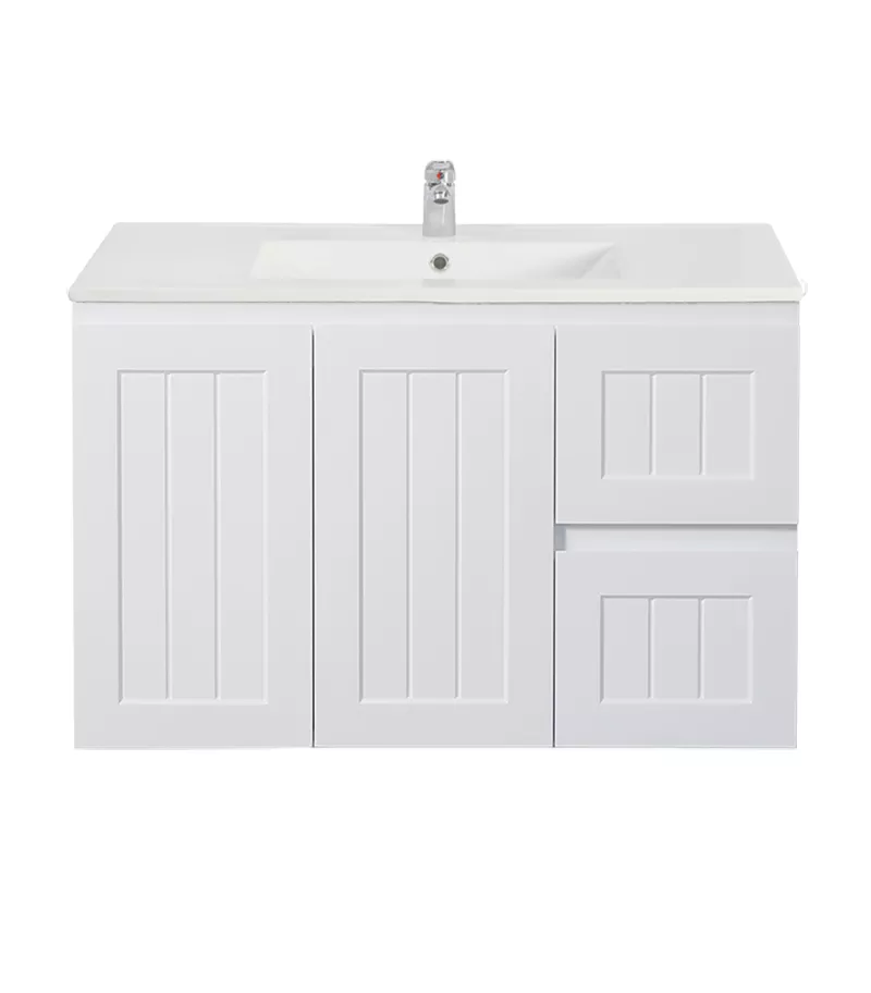 Acacia Shaker 900mm Wall Hung Vanity – Matt White RH Drawers