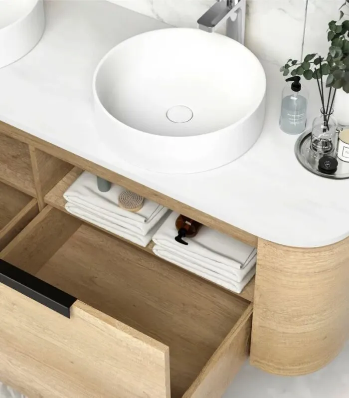 Bondi 1500mm Double Bowl Plywood Wall Hung Vanity – Natural Oak | Side View | Interior