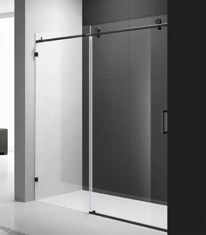 Milano Matt Black Fittings Frameless Wall To Wall Shower Screen Top Round Rod SL1+2-MB W2W