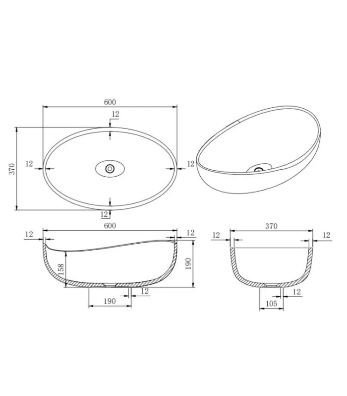 Waverton 600mm Solid Surface Stone Above Counter Basin - Specification