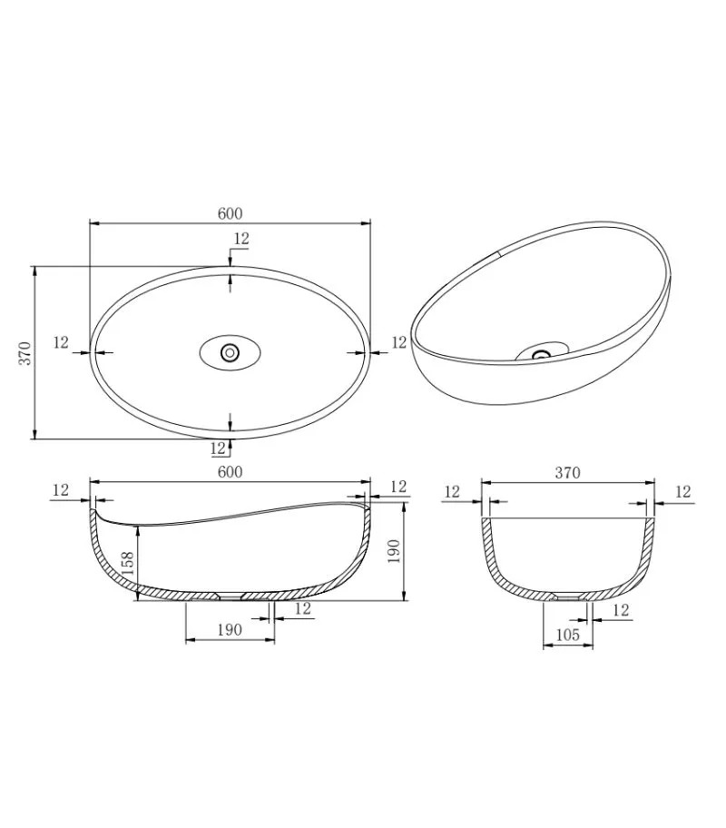 Waverton 600mm Solid Surface Stone Above Counter Basin - Specification