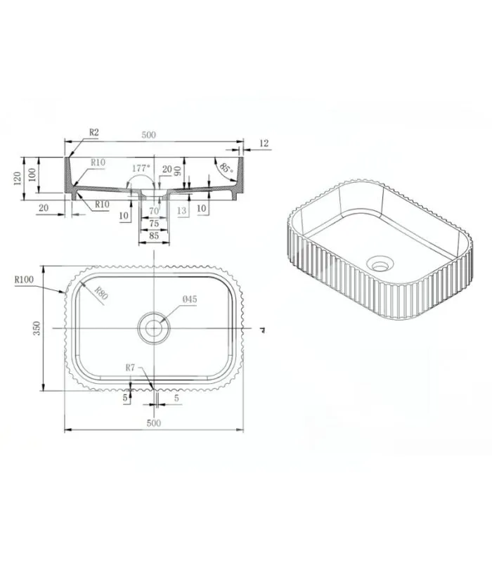 Japser 500mm Fluted Solid Surface Above Counter Basin - Specification