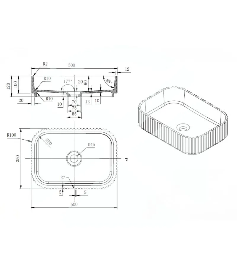 Japser 500mm Fluted Solid Surface Above Counter Basin - Specification