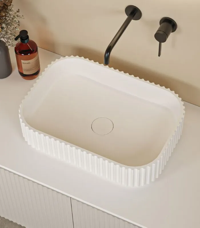 Japser 500mm Fluted Solid Surface Above Counter Basin - White With Background