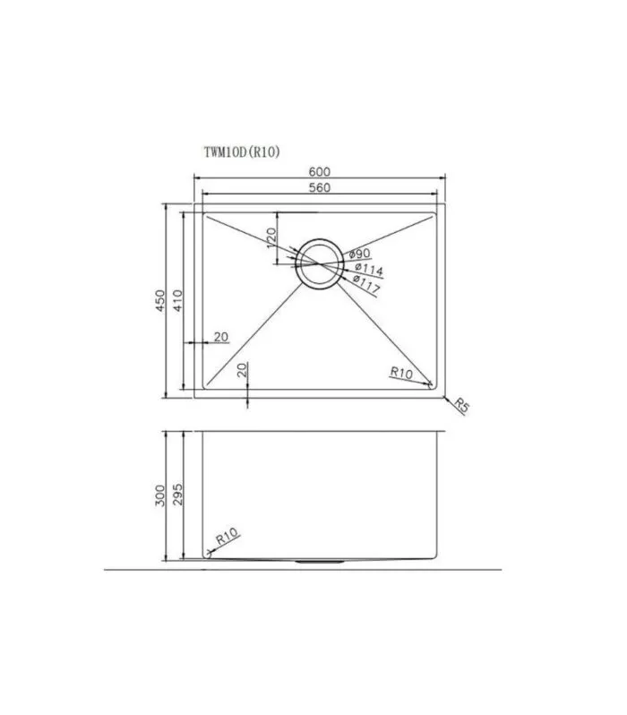 Aqua 600x450x300mm Stainless Steel Single Bowl Sink - Specification