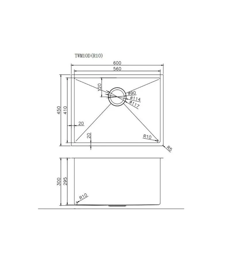 Aqua 600x450x300mm Stainless Steel Single Bowl Sink - Specification