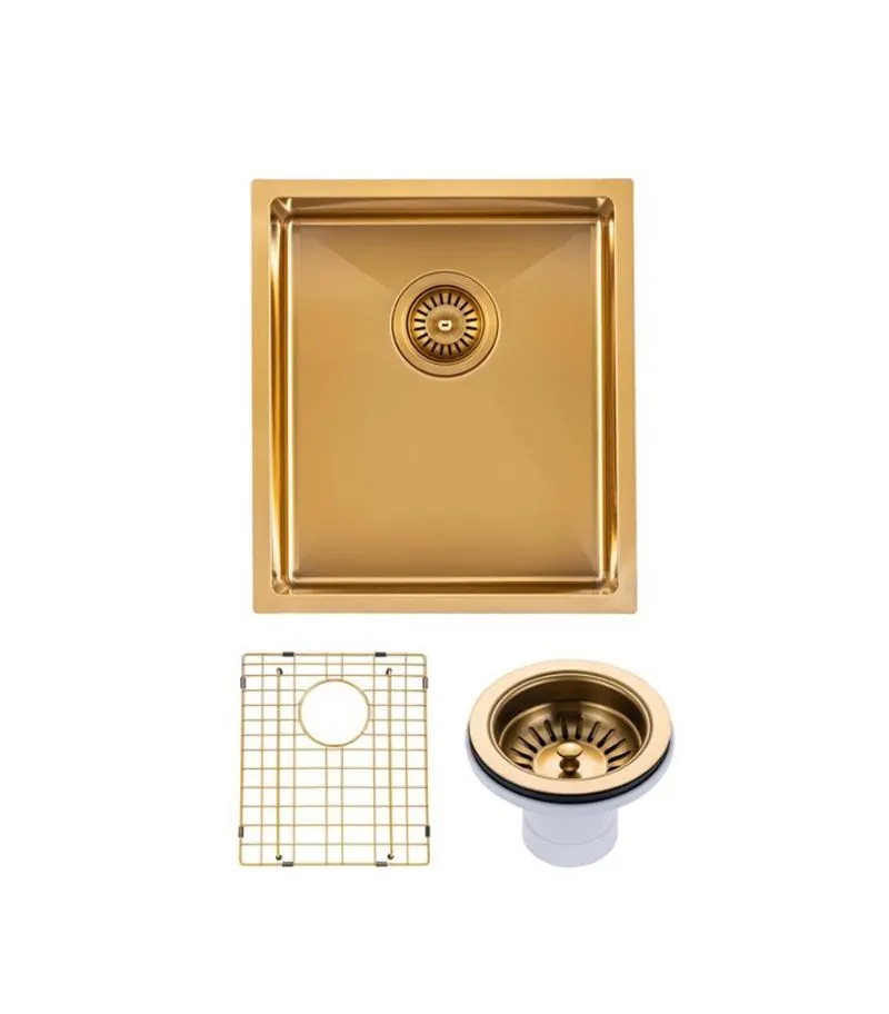 Aqua 390x450x215mm Stainless Steel Single Bowl Sink - Brushed Brass