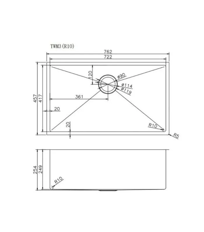 Aqua 762x457x254mm Stainless Steel Single Bowl Sink - Specification