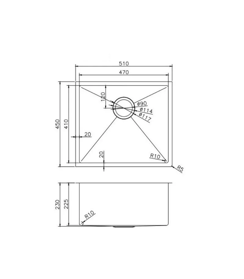 Aqua 510x450x230mm Stainless Steel Single Bowl Sink - Specification