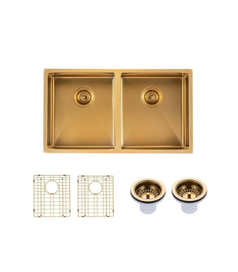 Aqua Stainless Steel Double Bowl Sink - Brushed Brass