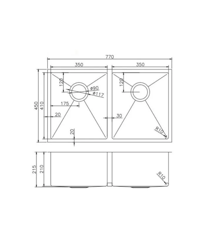 Aqua 770x450x215mm Stainless Steel Double Bowl Sink - Specification