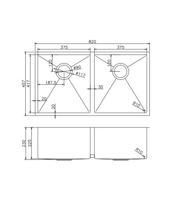 Aqua 820x457x230mm Stainless Steel Double Bowl Sink - Specification
