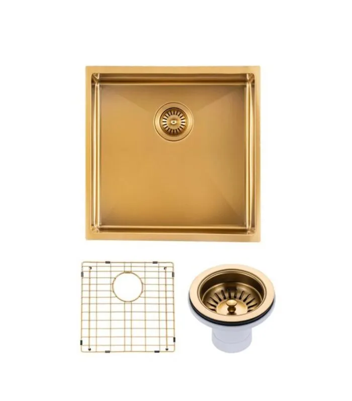 Aqua 440x440x205mm Stainless Steel Single Bowl Sink - Brushed Brass