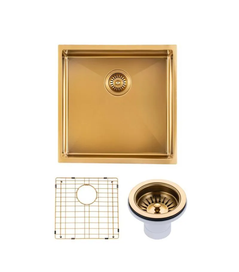 Aqua 440x440x205mm Stainless Steel Single Bowl Sink - Brushed Brass