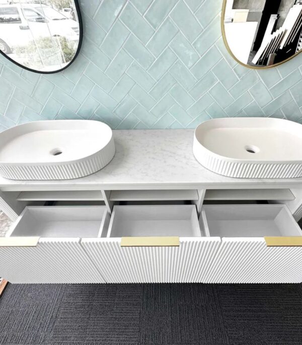 Bondi 1800mm Double Bowl Plywood Wall Hung Vanity – Fluted Matte White | Interior Look
