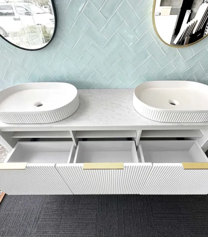 Bondi 1800mm Double Bowl Plywood Wall Hung Vanity – Fluted Matte White | Interior Look