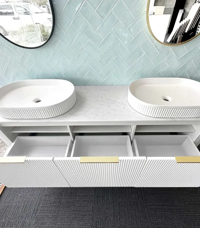 Bondi 1800mm Double Bowl Plywood Wall Hung Vanity – Fluted Matte White | Interior Look