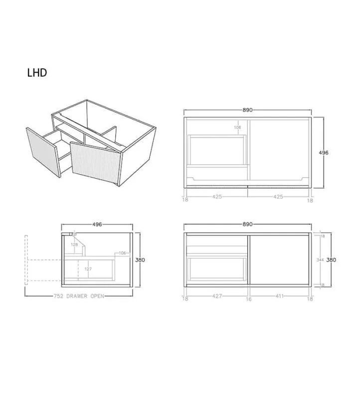 Bellevue Groove 900mm Wall Hung Vanity Cabinet - LHD Specs