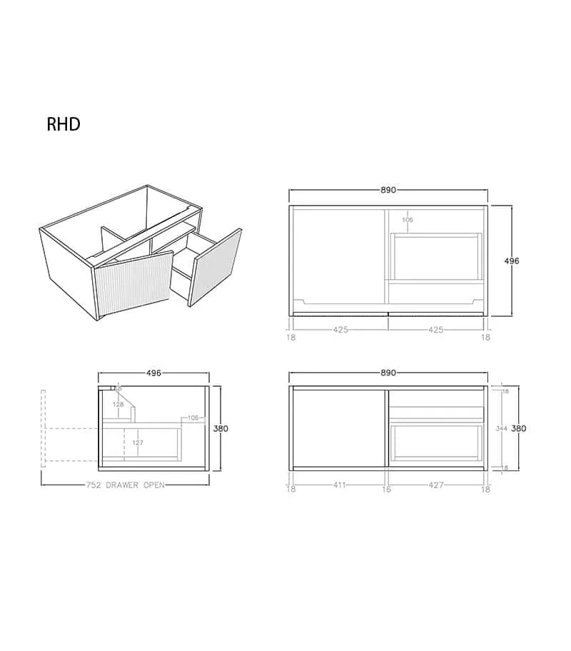 Bellevue Groove 900mm Wall Hung Vanity Cabinet - RHD Specs