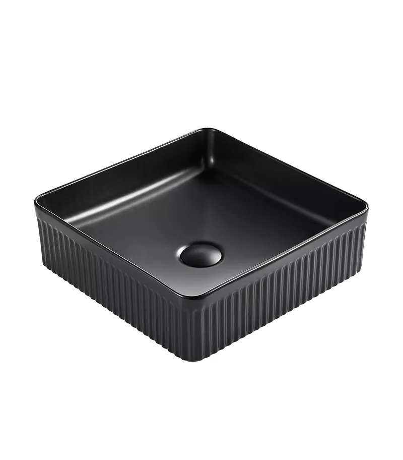 Bellevue 415mm Matt Black Ceramic Fluted Square Above Counter Basin Sideview