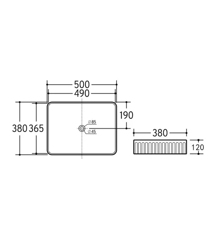 Bellevue 500mm Ceramic Fluted Rectangle Above Counter Basin Specification