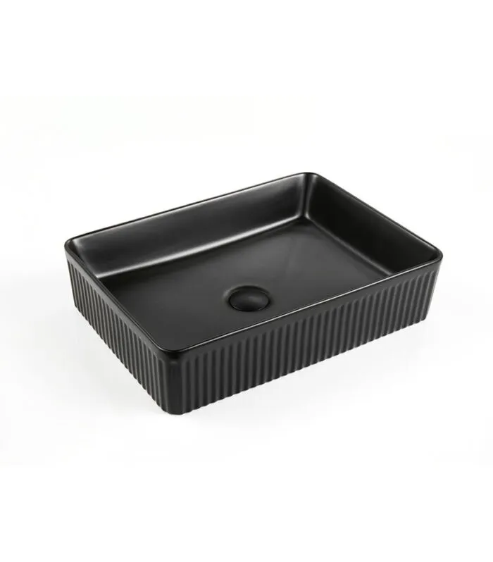 Bellevue 500mm Matt Black Ceramic Fluted Rectangle Above Counter Basin Sideview