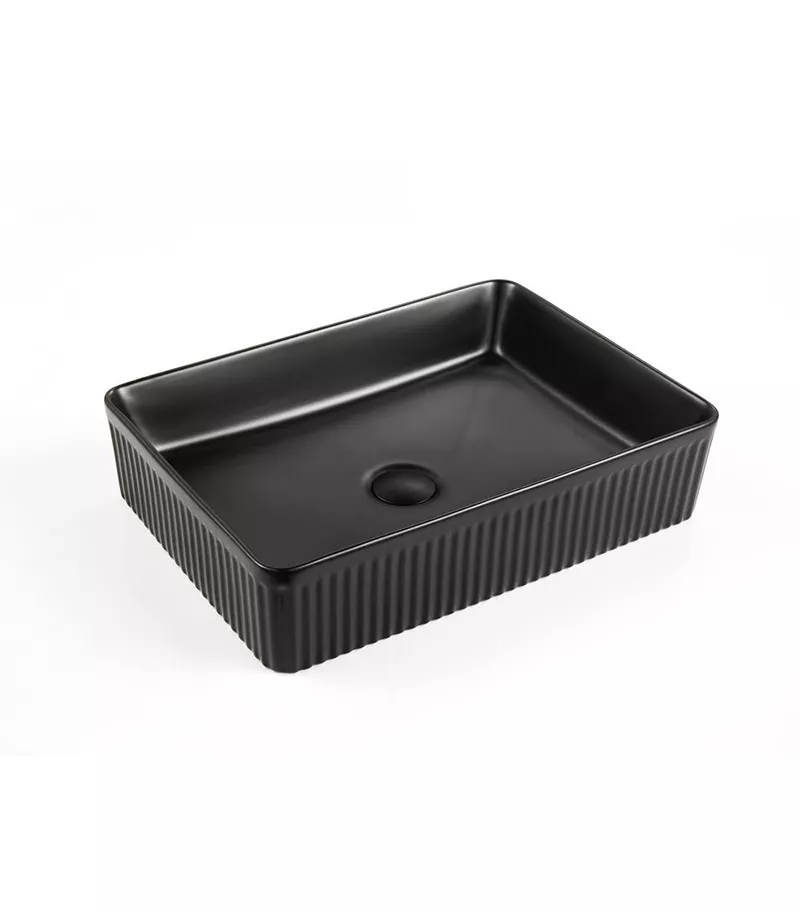 Bellevue 500mm Matt Black Ceramic Fluted Rectangle Above Counter Basin Sideview