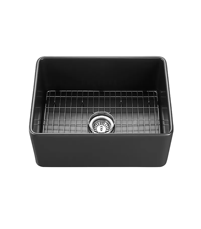 Chelsea Fireclay Farmhouse Matt Black Single Bowl Sink 600mm With Sink Rack