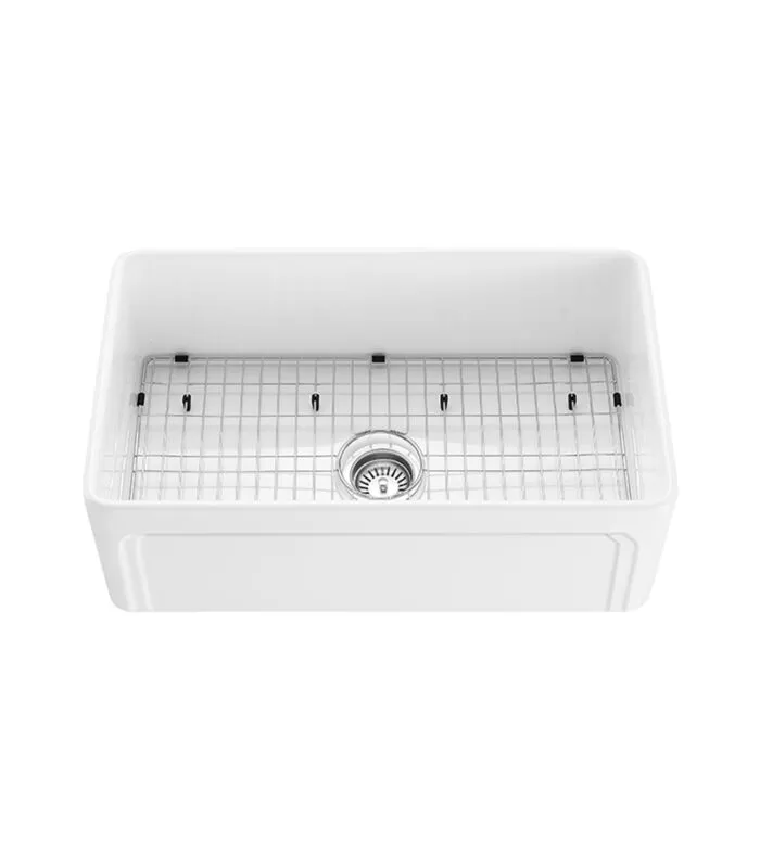 Kensington Fireclay Farmhouse Gloss White Single Bowl Sink 758mm With Rack