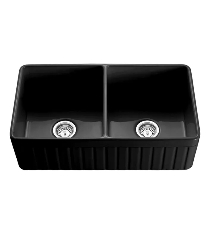 Greenwich Fireclay Farmhouse Matt Black Double Bowl Sink 828mm
