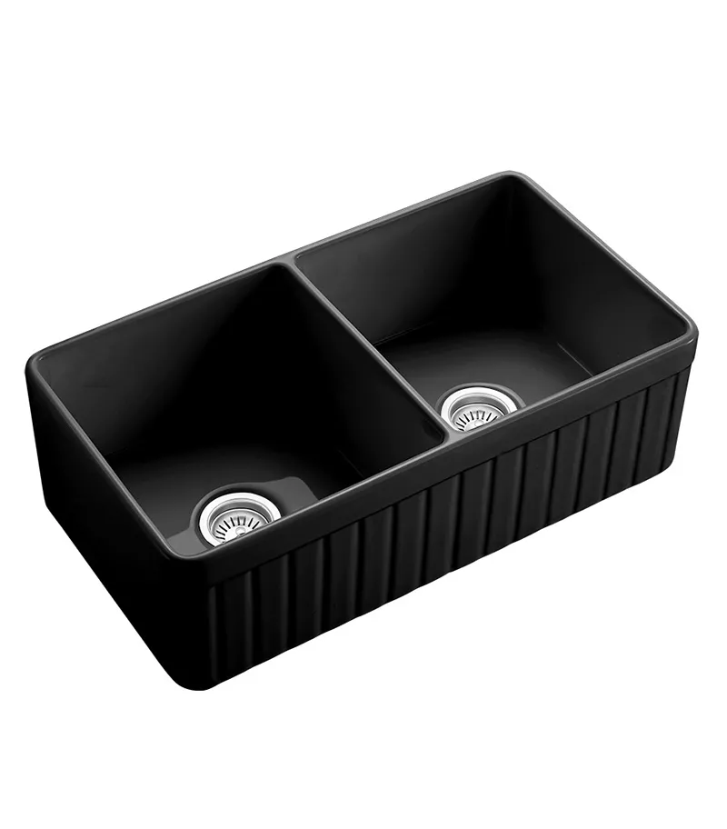 Greenwich Fireclay Farmhouse Matt Black Double Bowl Sink 828mm - Side