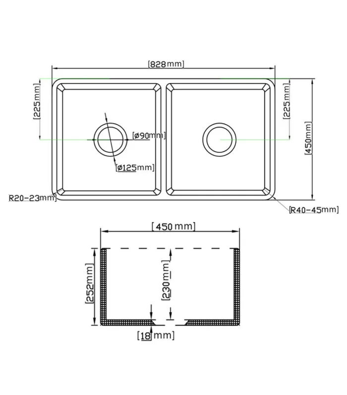 Greenwich Fireclay Farmhouse Double Bowl Sink 828mm - Specification