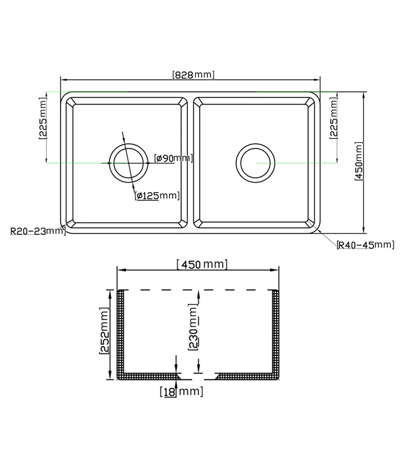 Greenwich Fireclay Farmhouse Double Bowl Sink 828mm - Specification