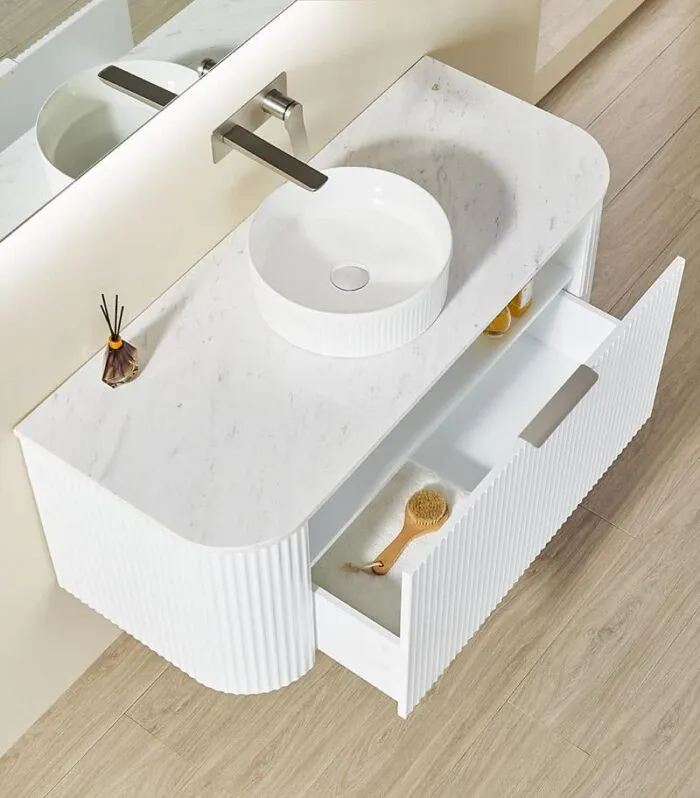 CETO AVOLON 1190mm Matt White Wall Hung Vanity Cabinet Drawer-open