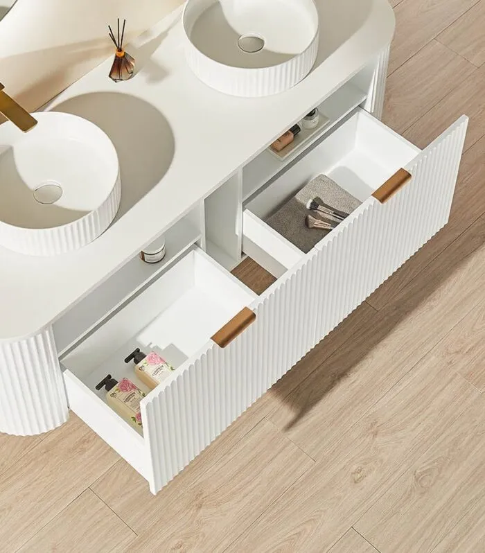 CETO AVOLON 1490mm Matt White Wall Hung Vanity Cabinet Drawers-open