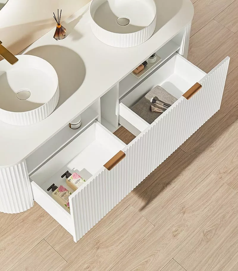 CETO AVOLON 1490mm Matt White Wall Hung Vanity Cabinet Drawers-open