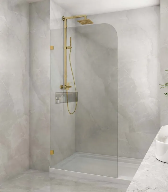 Frameless Single Shower Screen Panel With Curved Corner - Brushed Gold Fittings