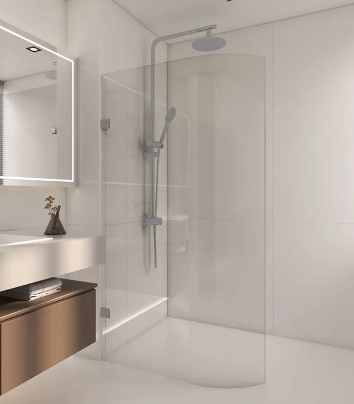 Brushed Nickel Frameless Curved Edge Single Shower Screen Panel