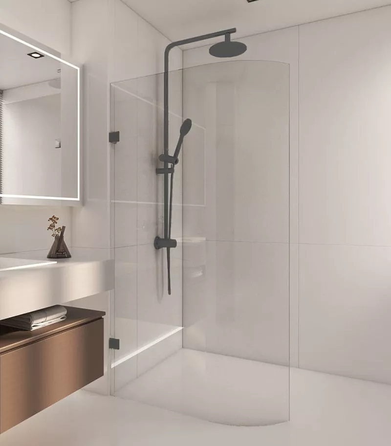 Gunmetal Grey Frameless Curved Edge Single Shower Screen Panel