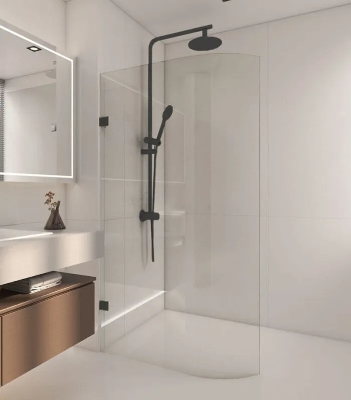 Matt Black Frameless Curved Edge Single Shower Screen Panel