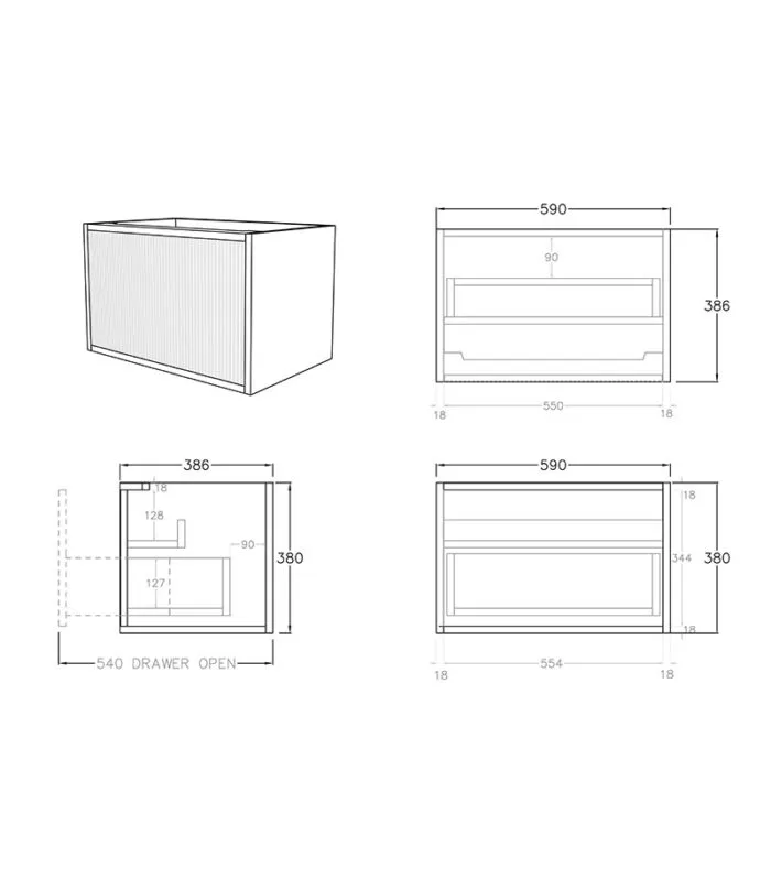 Bellevue Groove 590mm Narrow Wall Hung Vanity Cabinet Specification