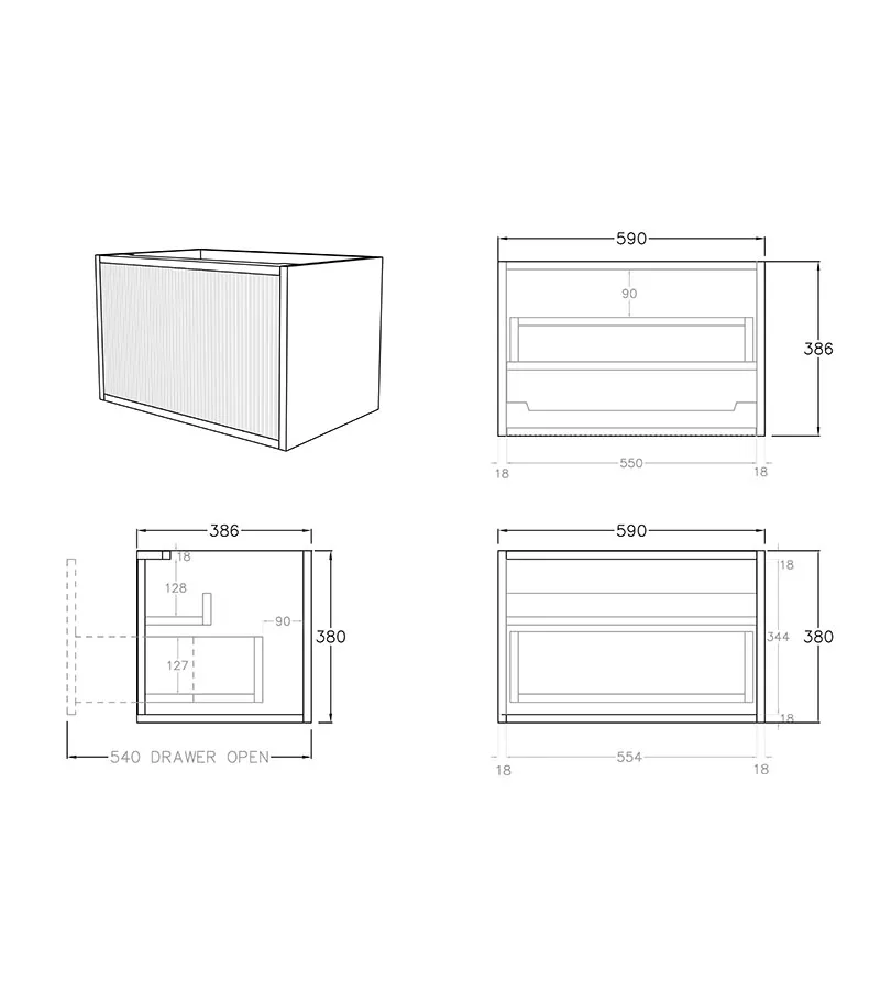 Bellevue Groove 590mm Narrow Wall Hung Vanity Cabinet Specification
