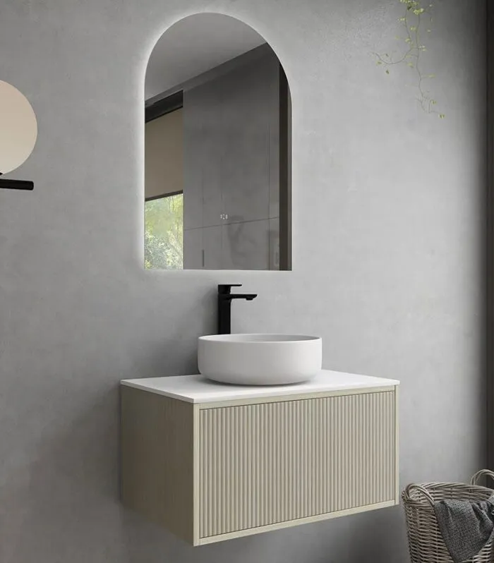 Bellevue Groove 712mm Coastal Oak Wall Hung Vanity Cabinet Side View