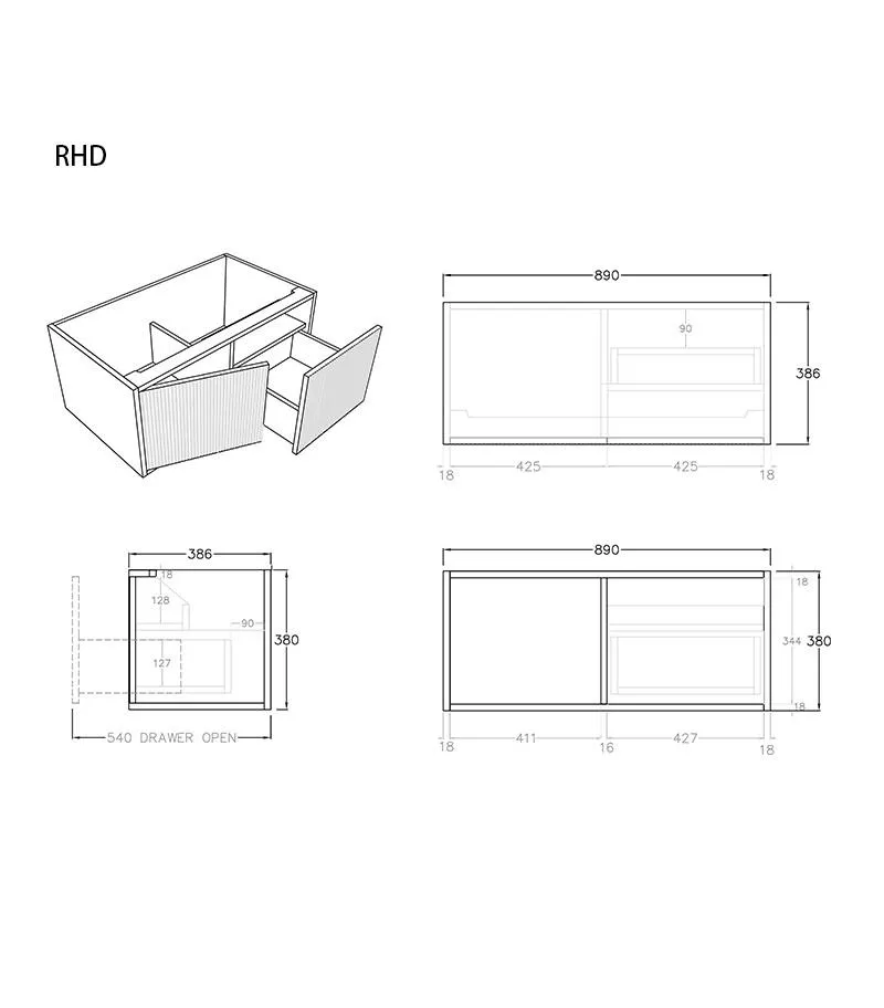 Bellevue Groove 890mm Narrow Wall Hung Vanity Cabinet - RHD Specs