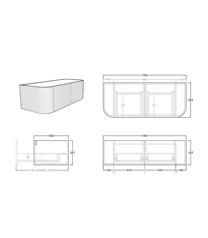 CETO Bronte 1184mm Wall Hung Vanity Cabinet Specification